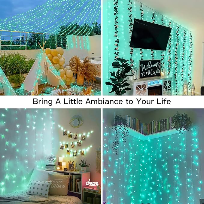 suddus Curtain Lights for Christmas, 200 Led 6.5ft x 6.5ft Hanging String Lights Outdoor, Fairy Curtain Lights for Backdrop, Window, Wall, Party, Garden, Bedroom, Birthday Decorations, Teal