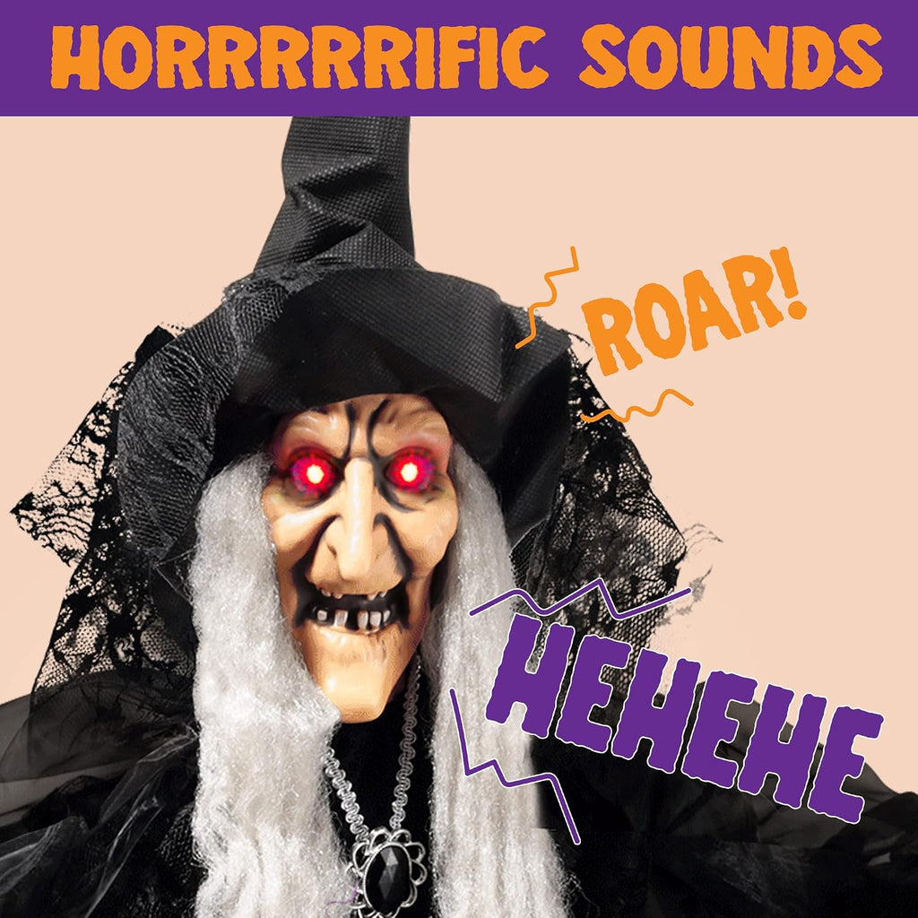 JOYIN 47” Animated Witch Halloween Decorations Outdoor Indoor, Scary Halloween Animatronics Decor, Hanging Ghost Talking Sound Activated Led Lights Eyes Haunted House Yard Garden Lawn