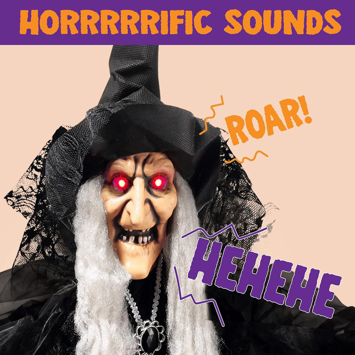 JOYIN 47” Animated Witch Halloween Decorations Outdoor Indoor, Scary Halloween Animatronics Decor, Hanging Ghost Talking Sound Activated Led Lights Eyes Haunted House Yard Garden Lawn
