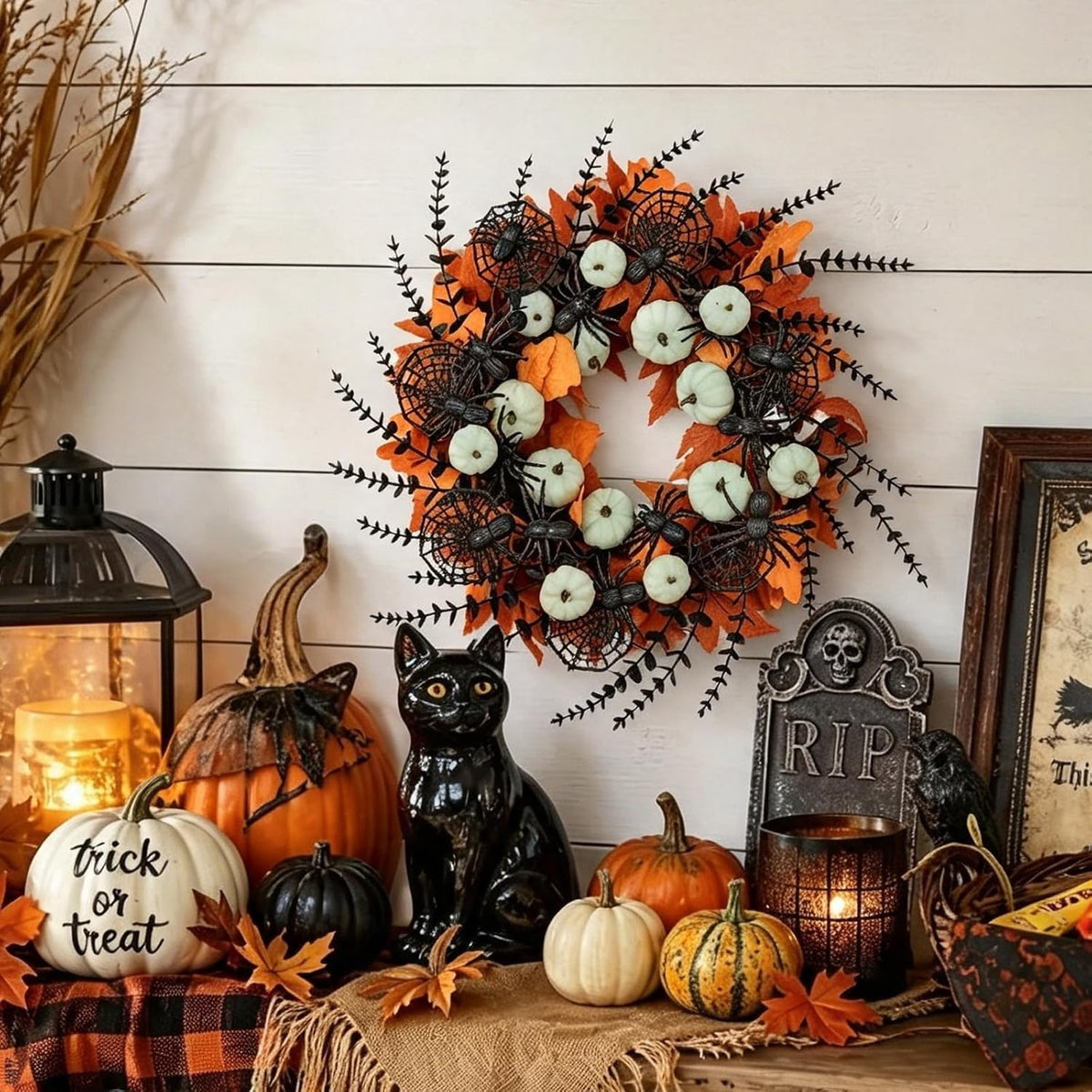idyllic 24" halloween wreath pumpkins maple black spiders, package contents
