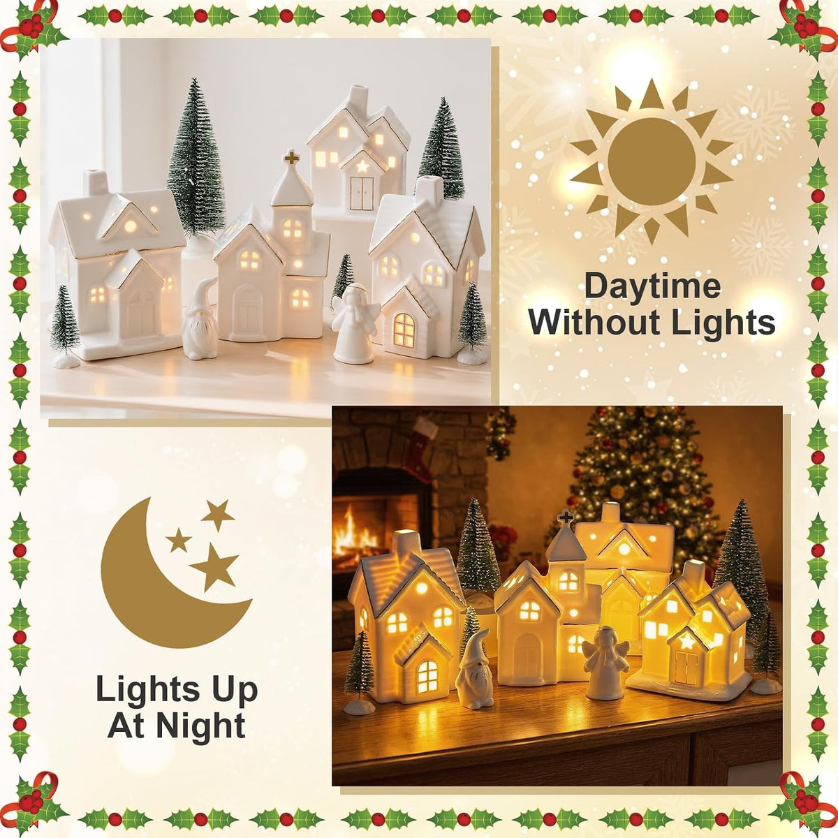 Christmas Village Sets,12 Pcs Christmas Village Houses with LED Light