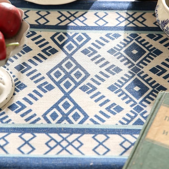 Chinoiserie Blue Stripe Cloth Runner for Table,Decorative Farmhouse Linen 87 Inches Long Table Runners,Decor Tabletop for Kitchen,Dining,Party,Home,Christmas,12"*87"