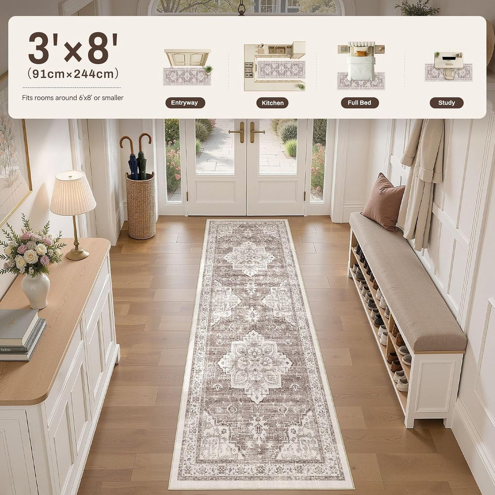 Washable 3x8 Runner Rug: Non Slip Vintage Tea Brown Entry Area Rug