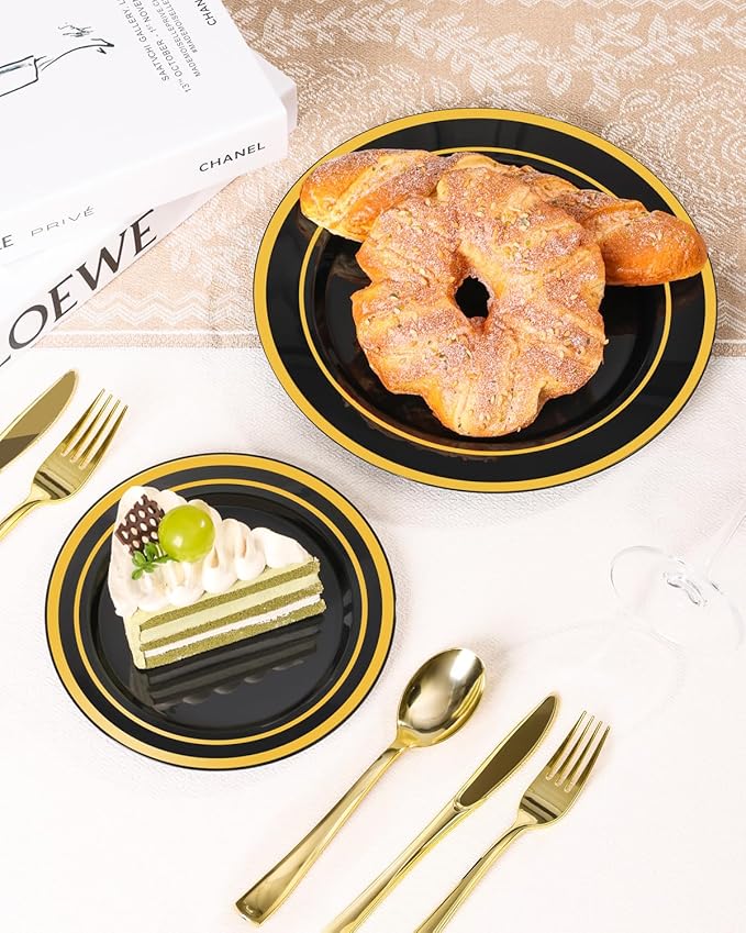 100PCS Black Plastic Plates Set with Gold Rim, 50 10.25 inch Dinner Plates and 50 7.5 inch Dessert Plates, Premium Disposable Plates forfor Party, Wedding, Holiday,And Halloween