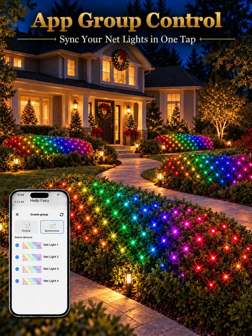 3 x 10 FT Smart RGB Net Lights, Hello Fairy App Control for Bushes