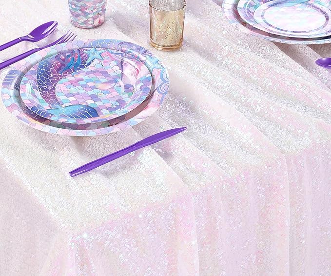 QueenDream Party Tablecloth Rectangular 90 x 132 Inch White Iridescent Tablecloth Table Cloth Overlay for Birthday Bridal Shower Wedding Decorations