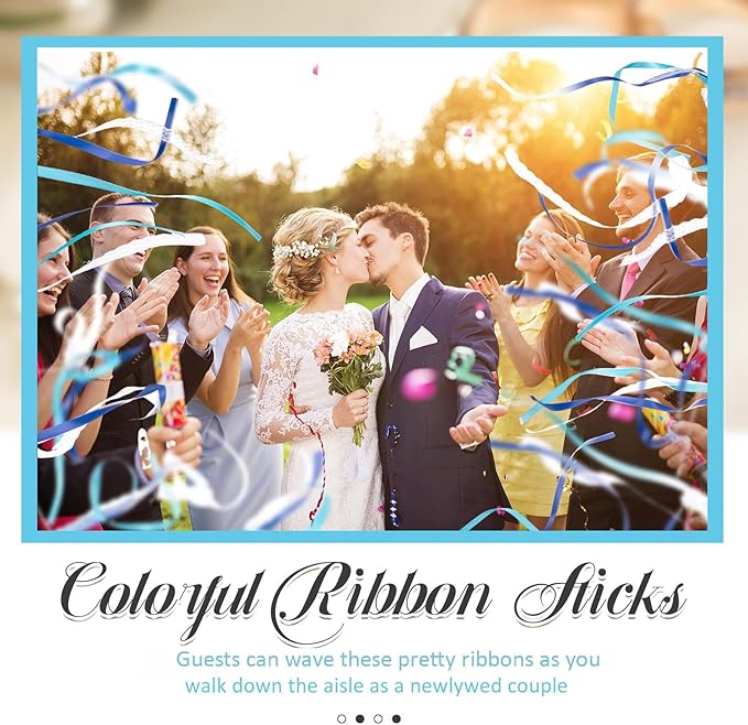Taiyin 150 Pcs Lace Ribbon Stick Wands Wedding Wand Streamers with Bell Silk Ribbon Fairy Wand Wedding Send Off Streamer for Baby Shower Holiday Party Favors(Dark Blue,Light Blue)