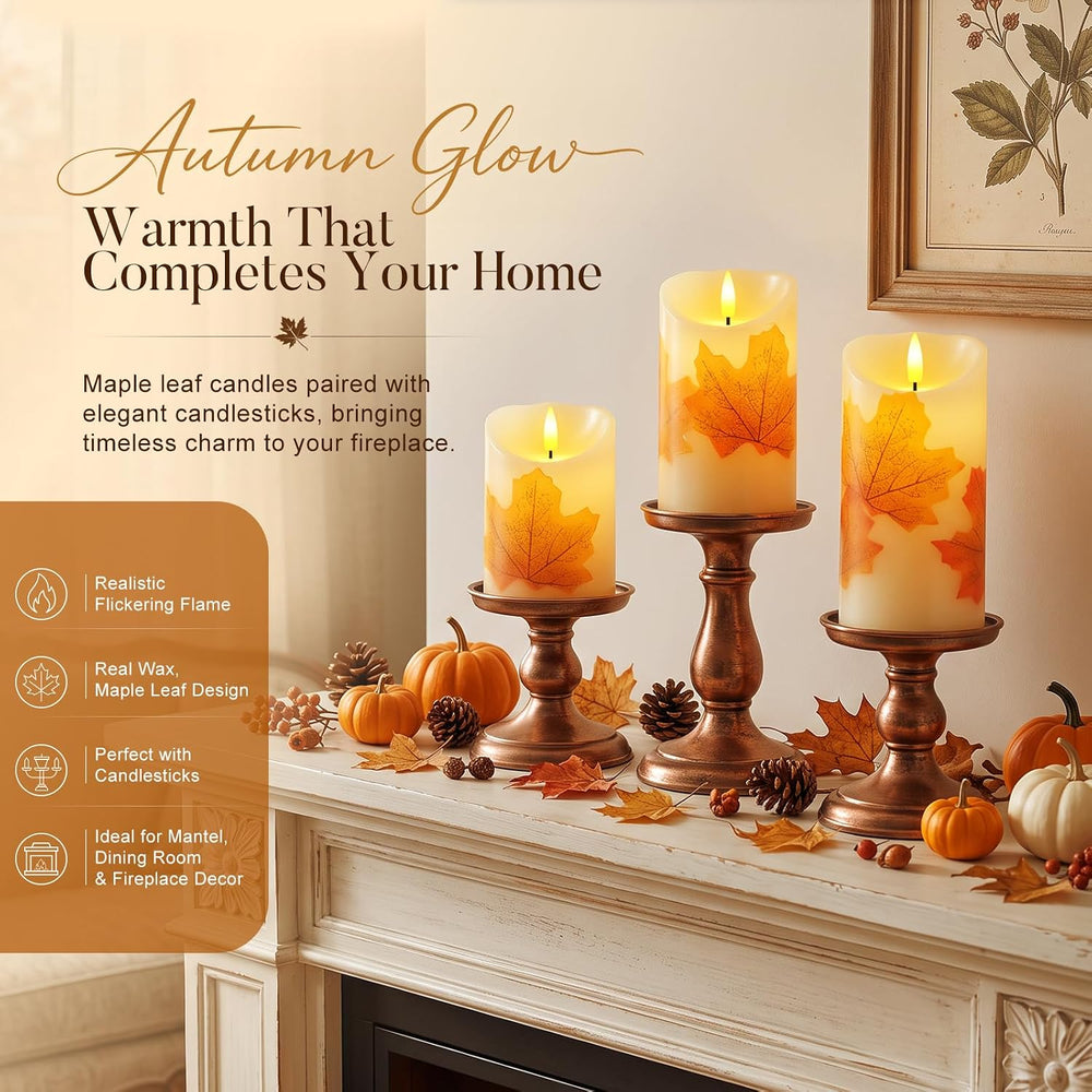 Raycare Maple Leaf Real Wax Flameless LED Pillar Candles with Timer Remote