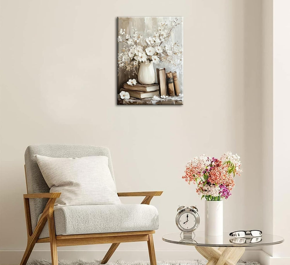 Vintage Books and White Flowers Canvas Wall Art,16x24 Inch