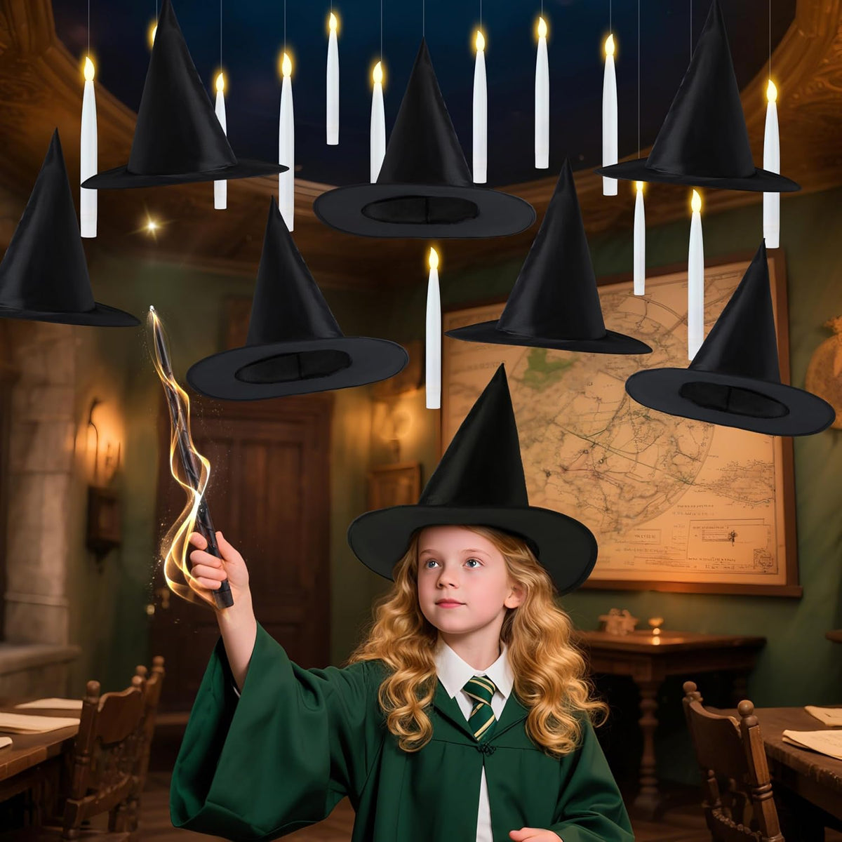 JOYIN 20Pcs Halloween Floating Candles and Witch Hat Light Up with Wand Remote Set Magic Hanging Candles and Wizard Hat with 2 Light Mode and Timer for Halloween Window Ceiling Porch Theme Party Decor