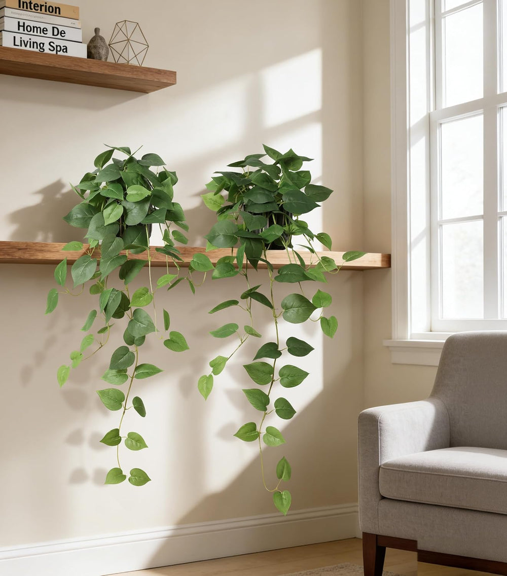 Fake Plants 2 Pcs Faux Pothos Plants Potted Indoor Artificial Hanging Plants ...