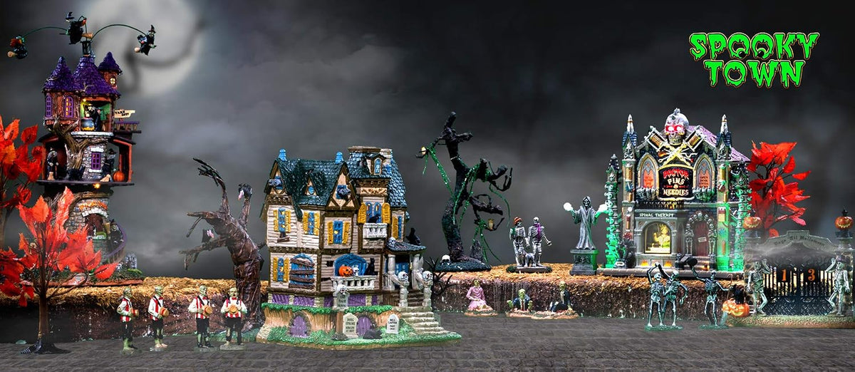 lemax ghouly grocer lighted building, #95458 for halloween, side view