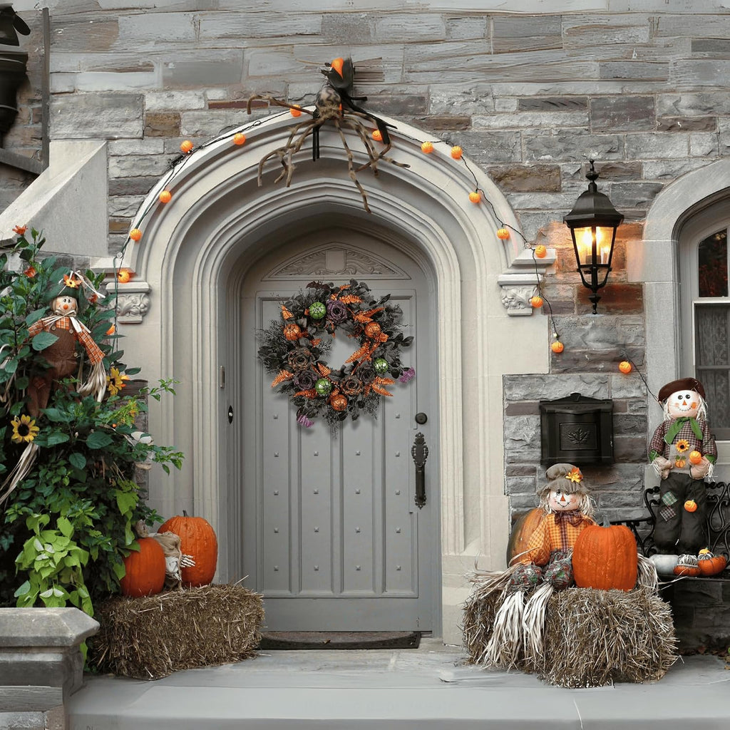 22 inch halloween wreath for front door, spooky, close-up detail