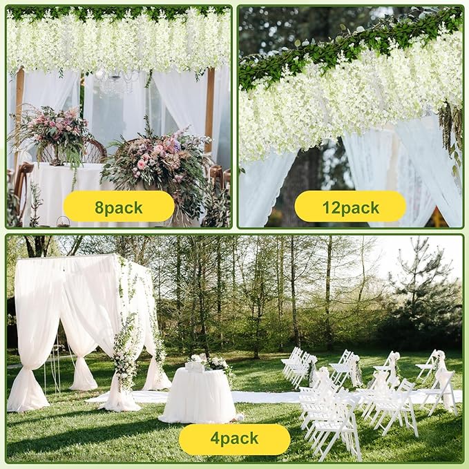 Wisteria Artificial Flowers Garland，10Pcs Total 60ft Silk Fake White Wisteria Flowers Hanging for Home Garden Wedding Arch Party Indoor Outdoor Decor