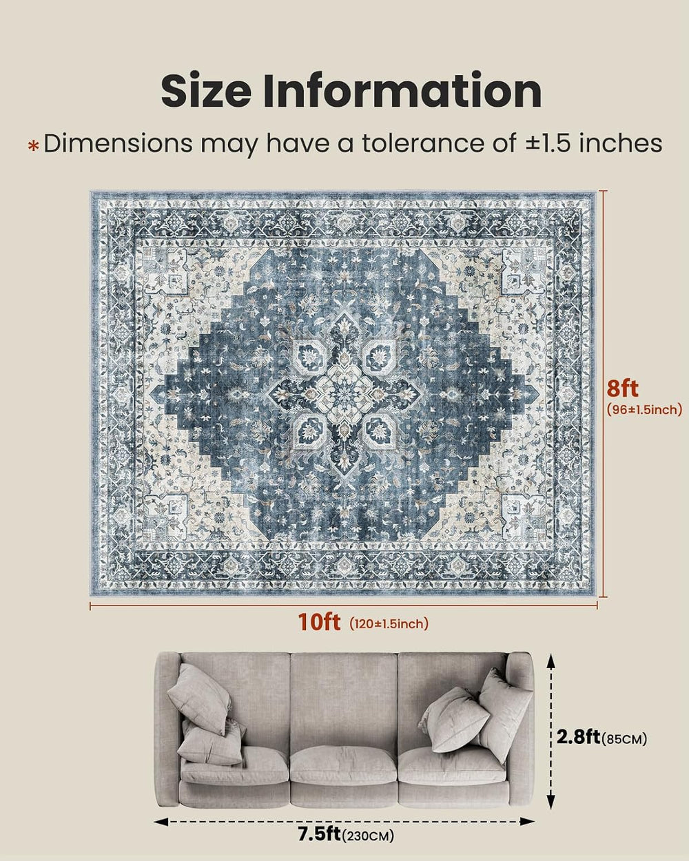 Amada 8x10 Area Rugs for Living Room, Washable Area Rug, Blue