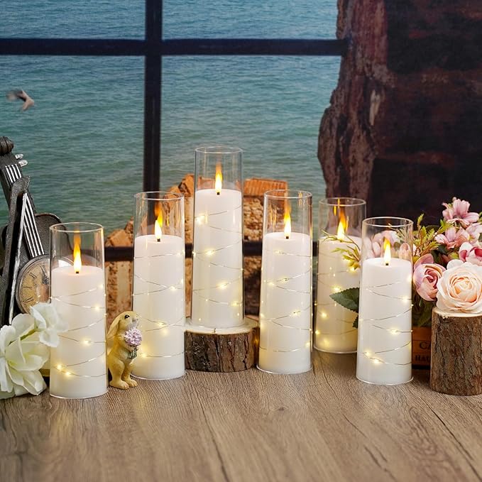 Flameless LED Candles with Timer 9 Pc Flickering Flameless Candles for Romantic Ambiance and Home Decoration Stable Acrylic Shell,with Embedded Star String，Battery Operated Candles（White）