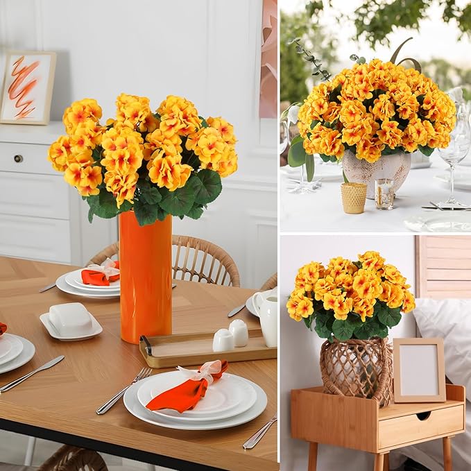 Hananona Artificial Geranium Flowers for Outdoors Geranium Silk Flowers Outdoor UV Resistant Garden Plants Faux Flowers for Home Kitchen Table Centerpieces Decor (12, Yellow) (12 Pcs)