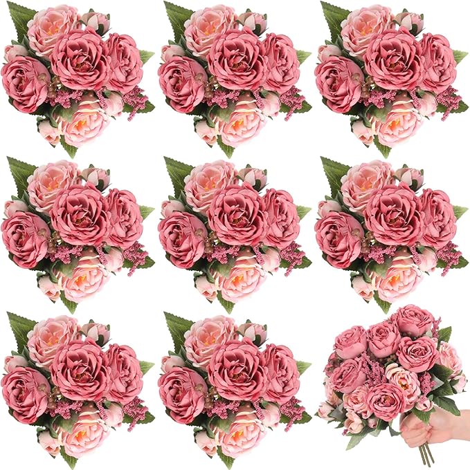 8 Bundles Artificial Peonies Flowers Boho Faux Flowers Arrangements Artificial Centerpiece Spring Bouquet Floral Wedding Decoration for Vase(Dark Pink)