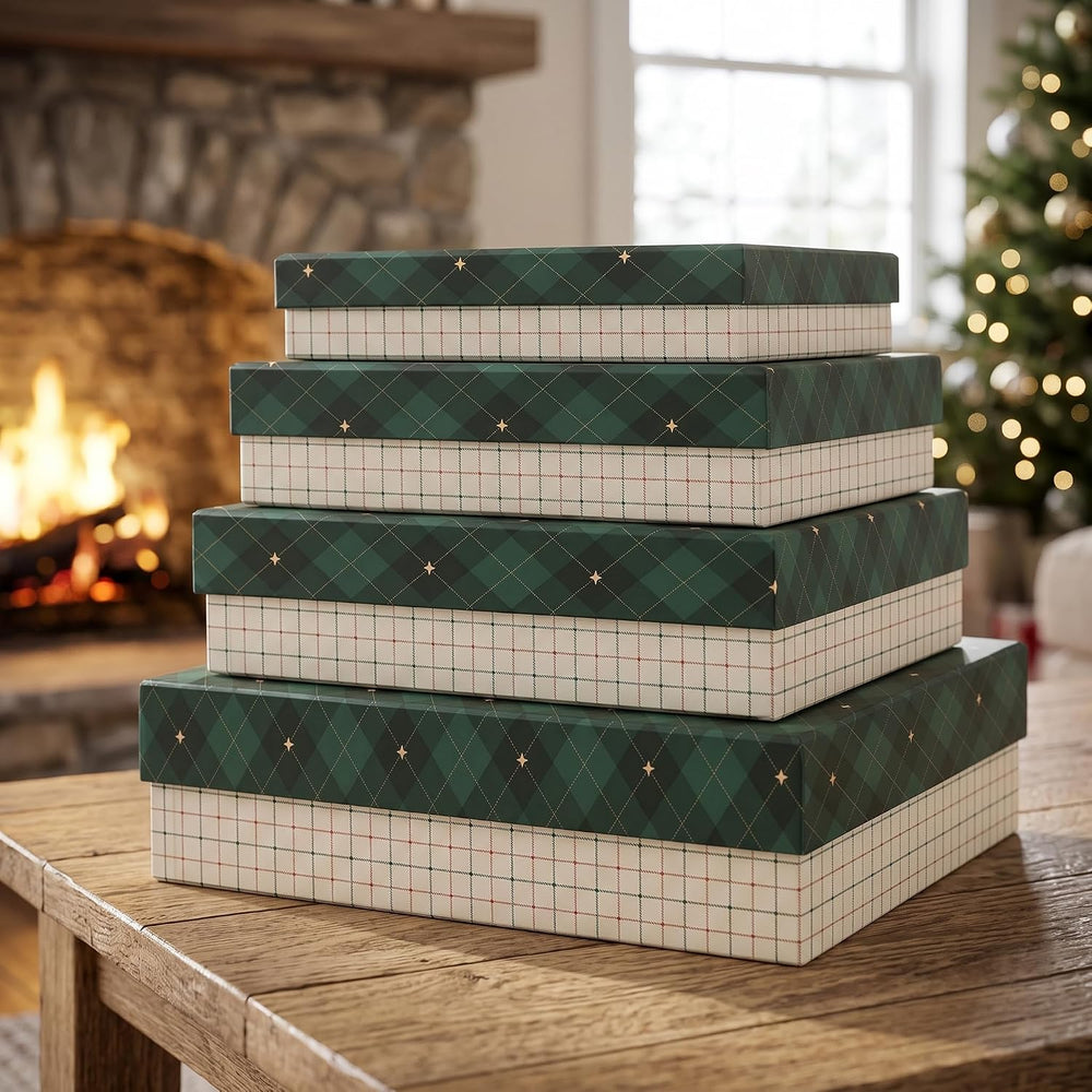 Soul & Lane - Check Christmas Gift Boxes with Lids, Set of 4, Holiday Boxes