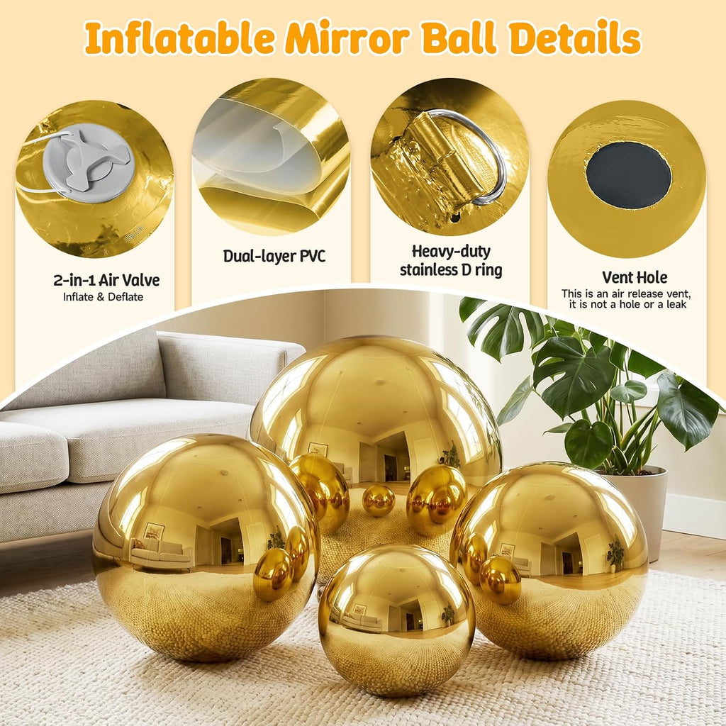gold inflatable mirror ball set,reusable pvc mirror balls showing dimensions