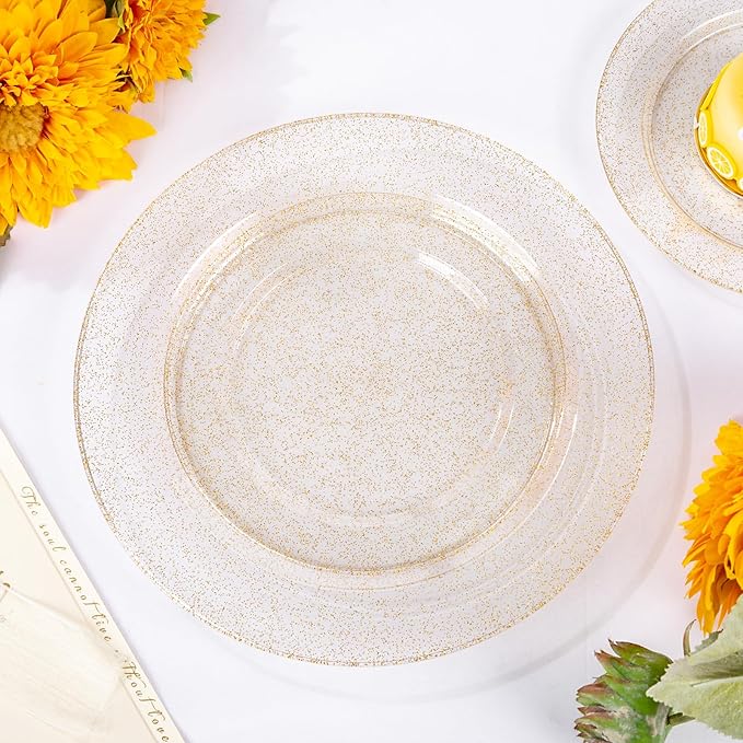 WDF 200PCS Gold Plastic Plates - Gold Glitter Plastic Plates - Heavy Duty Gold Glitter Disposable Plates - Include 100 Dinner Plates 10" and 100 Dessert Plate 7" for Parties/Wedding