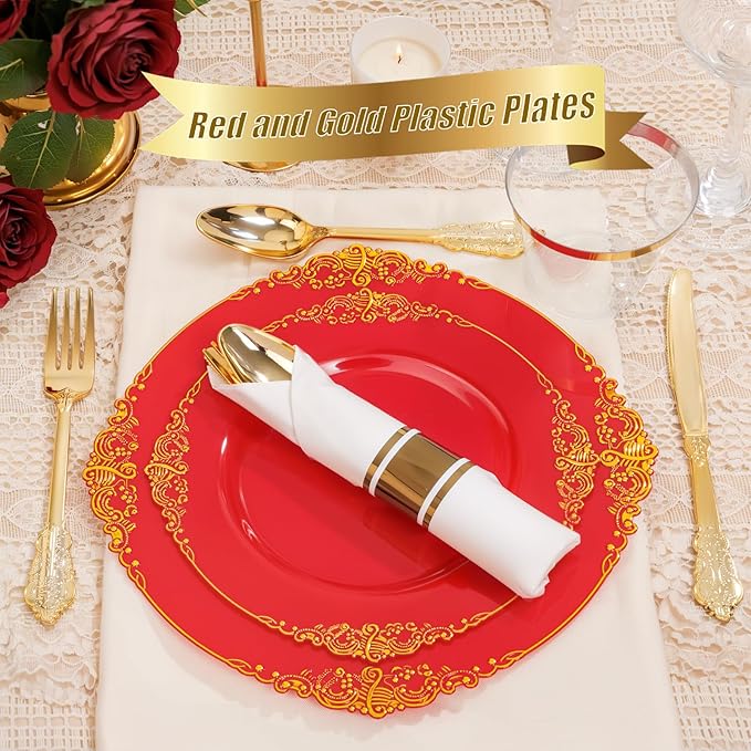 Nervure 350PCS Red Plastic Plates - Red Gold Plastic Dinnerware Sets for 50 Guests - 100 Gold Disposable Plates, 50 Pre Rolled Silverware Sets, 50 Cups Perfect for Wedding & Party & Christmas