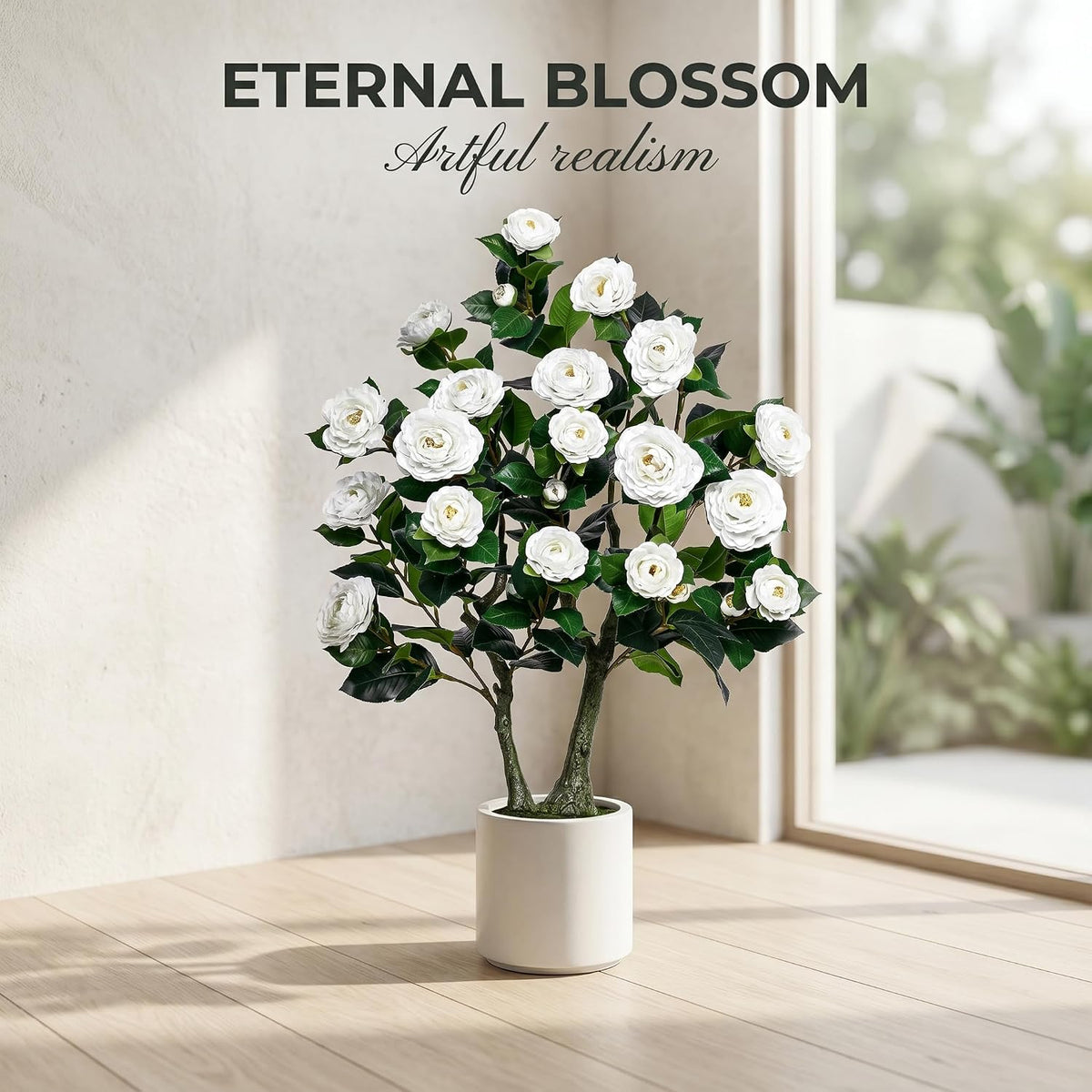 artificial camellia tree, 3ft fake tree with white showing dimensions