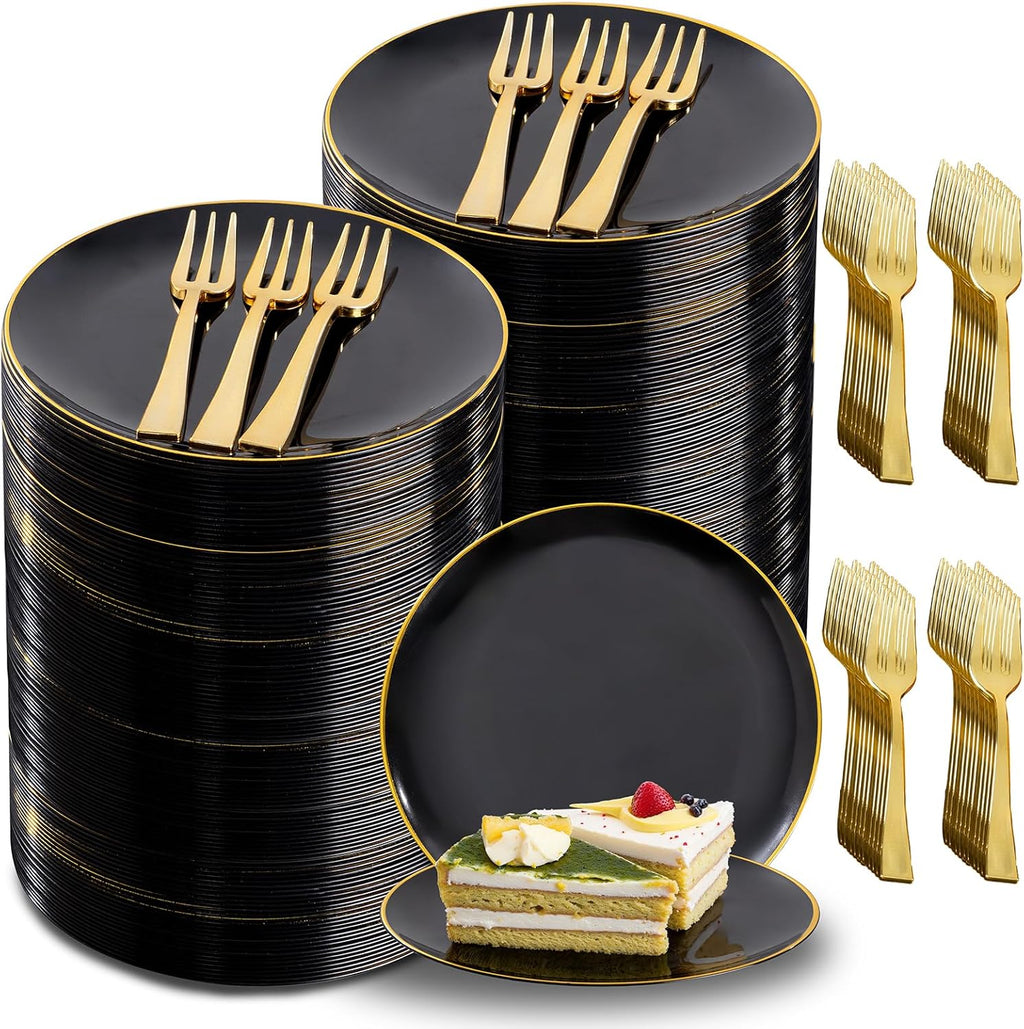 Festiva 400Pcs Black Gold Dessert Plates 6.3" with Forks 5"- 200PCS Small Disposable Dessert/Cake/Appetizer Plates and 200PCS Forks - Serve 200 Guests for Birthday Party& Wedding