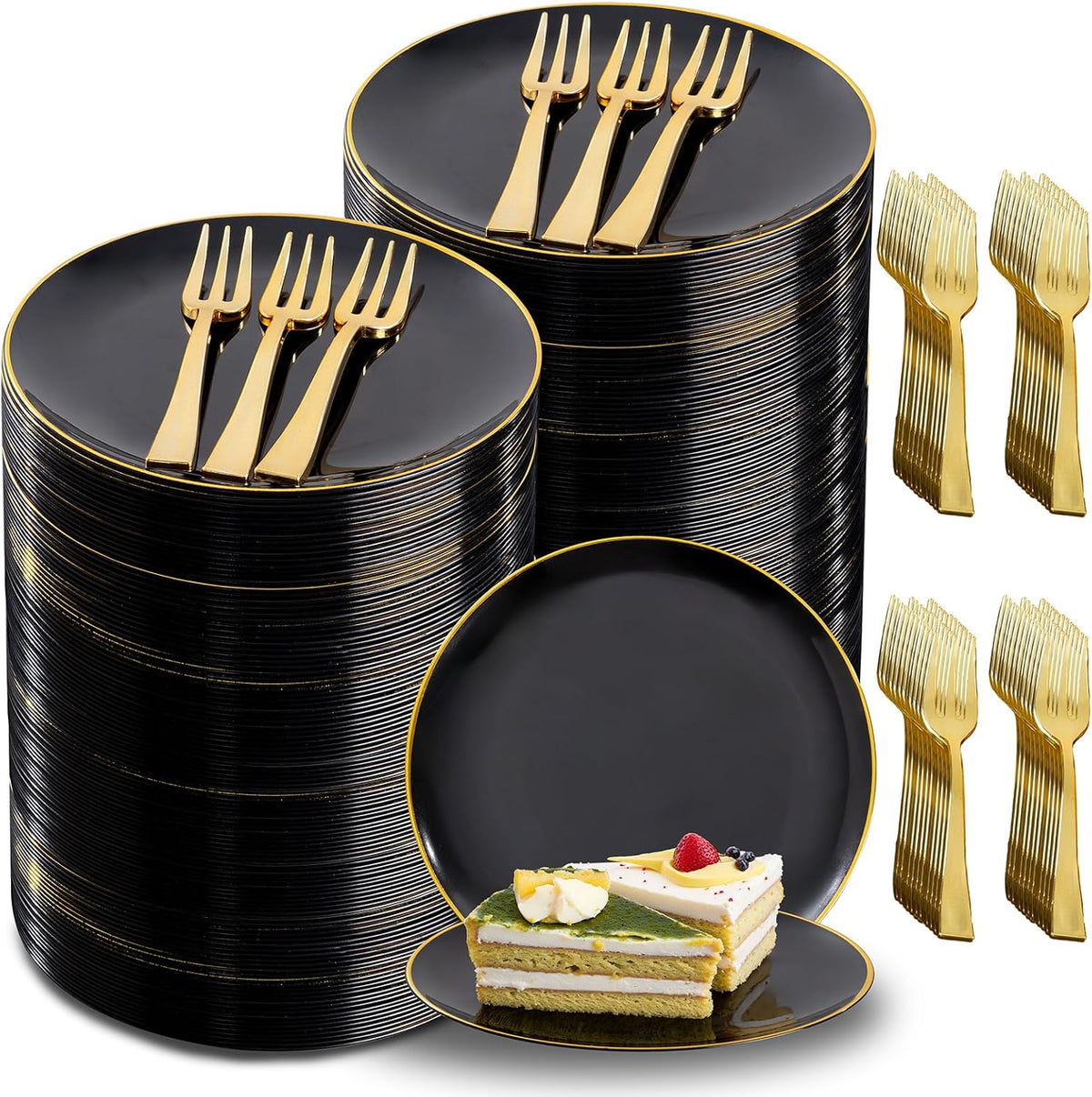 Festiva 400Pcs Black Gold Dessert Plates 6.3" with Forks 5"- 200PCS Small Disposable Dessert/Cake/Appetizer Plates and 200PCS Forks - Serve 200 Guests for Birthday Party& Wedding