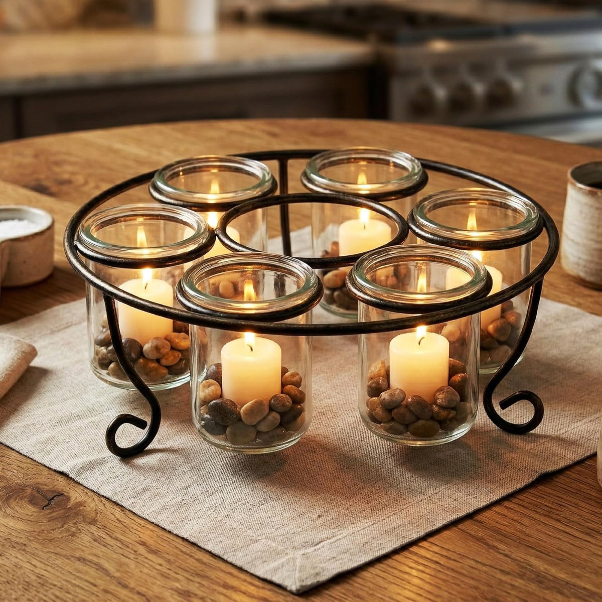 Seraphic Centerpieces for Tables, Round Dining Room Table Decor, 11.75 Inch | Wrought Iron 6 Cup Candelabra, Rustic Tabletop Floating Glass Candle Holder, Modern Black with Gold Brush, 11.75" Wide