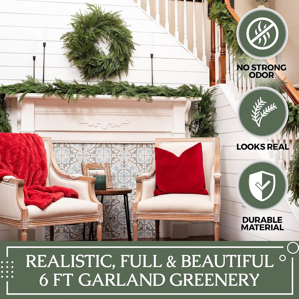 Mixed Norfolk Pine Garland with Evergreen, and Cedar Garland Artificial Realistic Greenery Branches for Decoration, Christmas Garland for Mantle, Premium Real Touch (6 Foot)