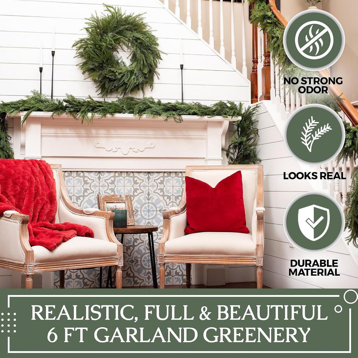 Mixed Norfolk Pine Garland with Evergreen, and Cedar Garland Artificial Realistic Greenery Branches for Decoration, Christmas Garland for Mantle, Premium Real Touch (6 Foot)