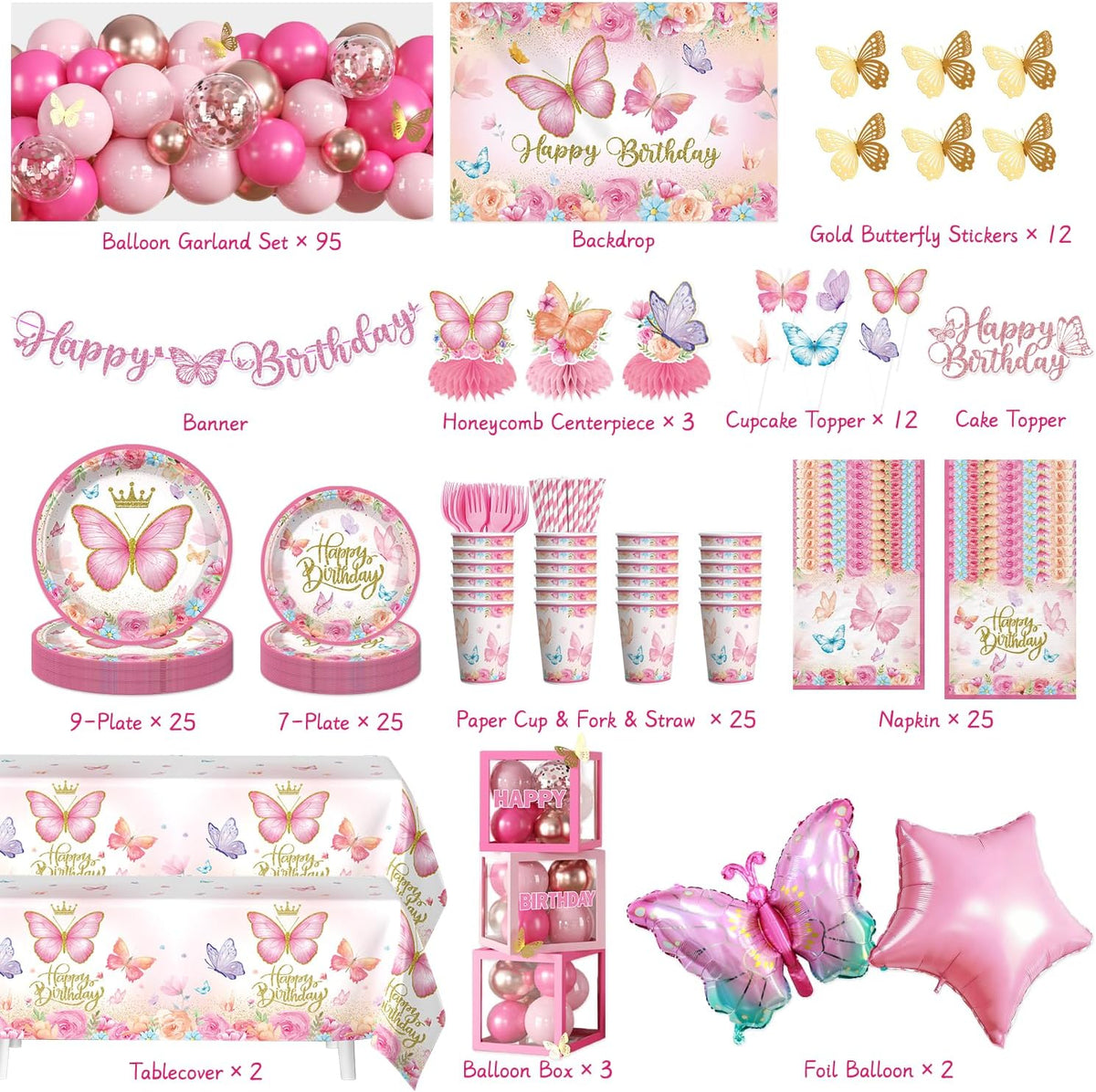 Pink Butterfly Birthday Decorations, All-in-One Set for 25 Guests