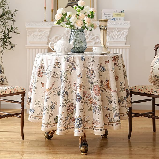 ISAENNE Designer French Light Beige Small Round Tablecloth,Linen Florals and Birds Pattern Table Cloth,Anti-Wrinkle Decorative Tablecloths for Dining Thanksgiving Kitchen,Diameter 55"-Cornucopia