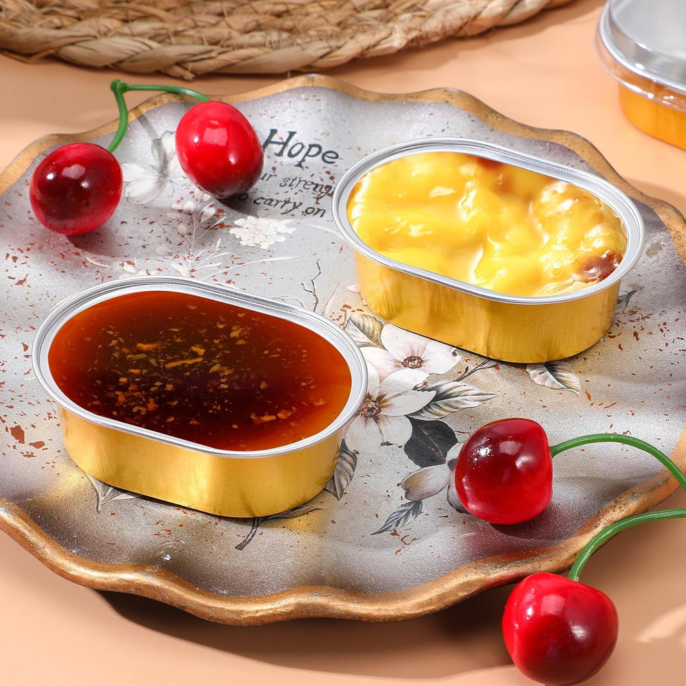 200 Pack Oval Gold Aluminum Baking Cups with Lids, 2 FL OZ Disposable Ramekin...