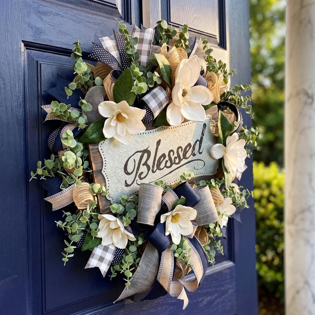spring summer wreath for front door,farmhouse white floral on a desk or shelf