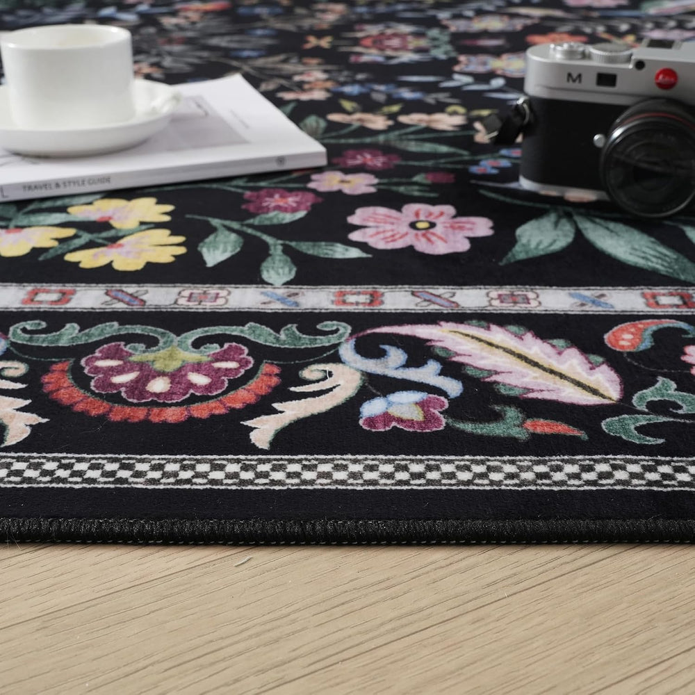 Rugcomf Runner Rug 2x6 Floral Washable Non Slip, Vibrant Black