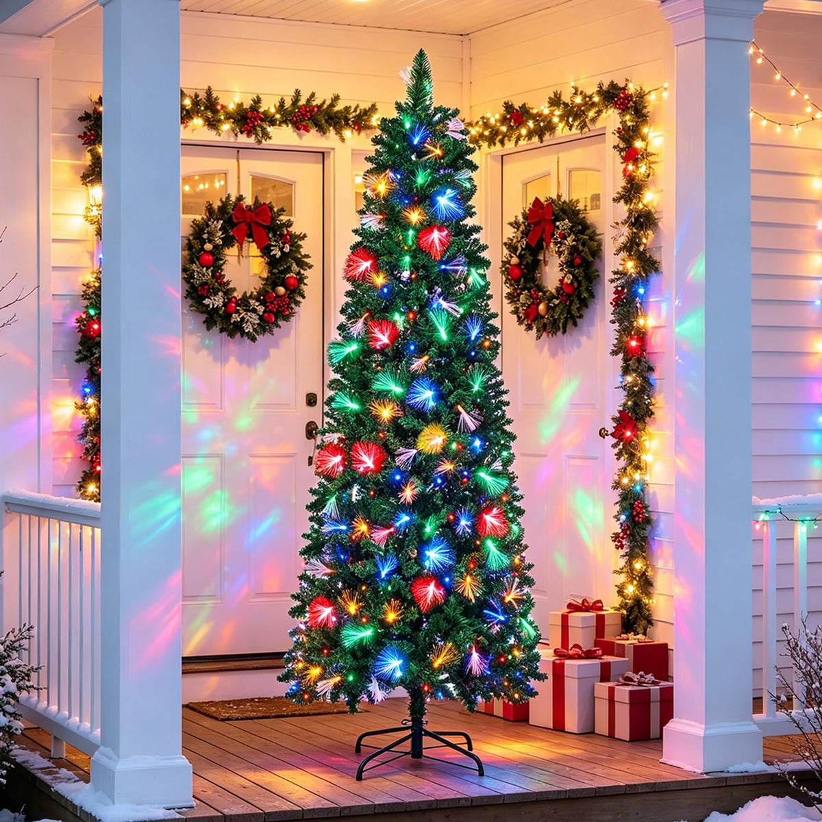 Juegoal 7.5FT Pre-Lit Pencil Christmas Tree with Fiber Optic, 300LED Lights