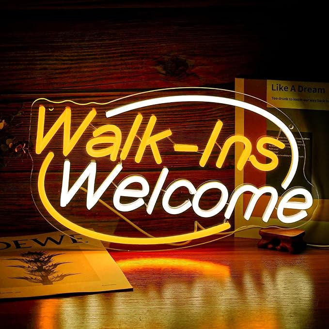 Walk-Ins Welcome Neon Sign, Neon Sign For Wall Decor, Yellow + white Led Signs Usb Powered, Living Game Room Decor, For Bedroom Restaurant Bar Hotel Shop Party Birthday(16.5x9.4in)