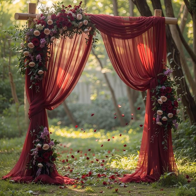 Wedding Arch Draping Fabric, 2 Panels 18FT Burgundy Sheer Backdrop Curtain Chiffon Fabric Drapery Sheer Voile Scarf Draping Panels for Wedding Archway Ceremony Curtain Valance Party Decoration
