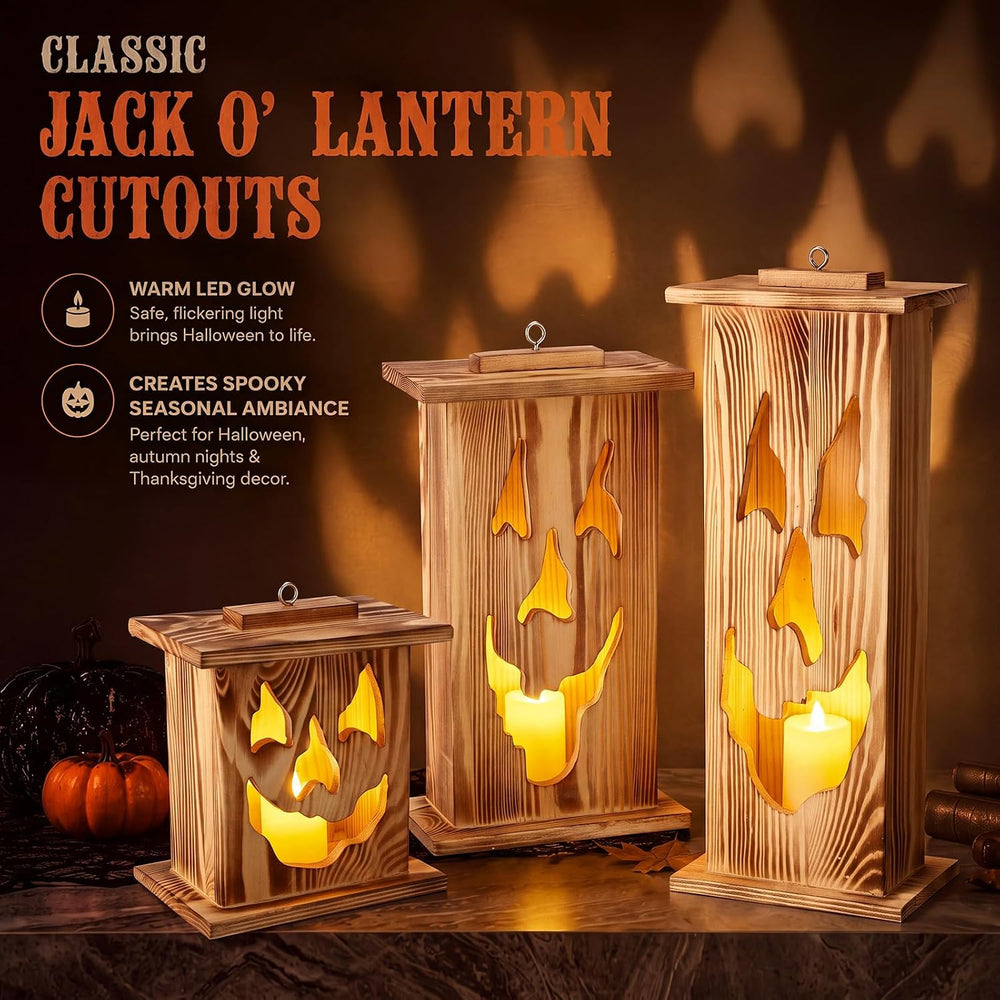 Woanger 3 Pcs Halloween Wooden Lantern Set Spooky Jack O Lantern Decor