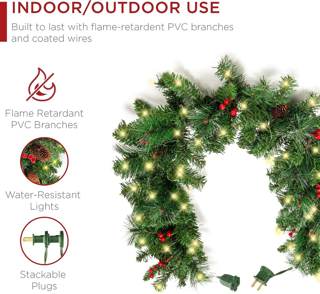 Best Choice Products 9ft Pre-Lit Holiday Pre-Decorated Christmas Garland for Stairs, Fireplace, Decoration w/PVC Tips, 50 LED Lights, Pine Cones, Berries