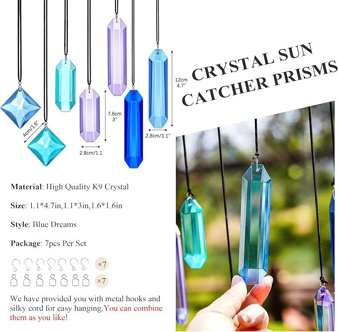 HDCRYSTALGIFTS Crystal Prisms Sun Catchers Hanging, 7PCS Blue Dreams Suncatcher Rainbow Maker Sun Catcher Indoor Window Home Garden Christmas Tree Decor