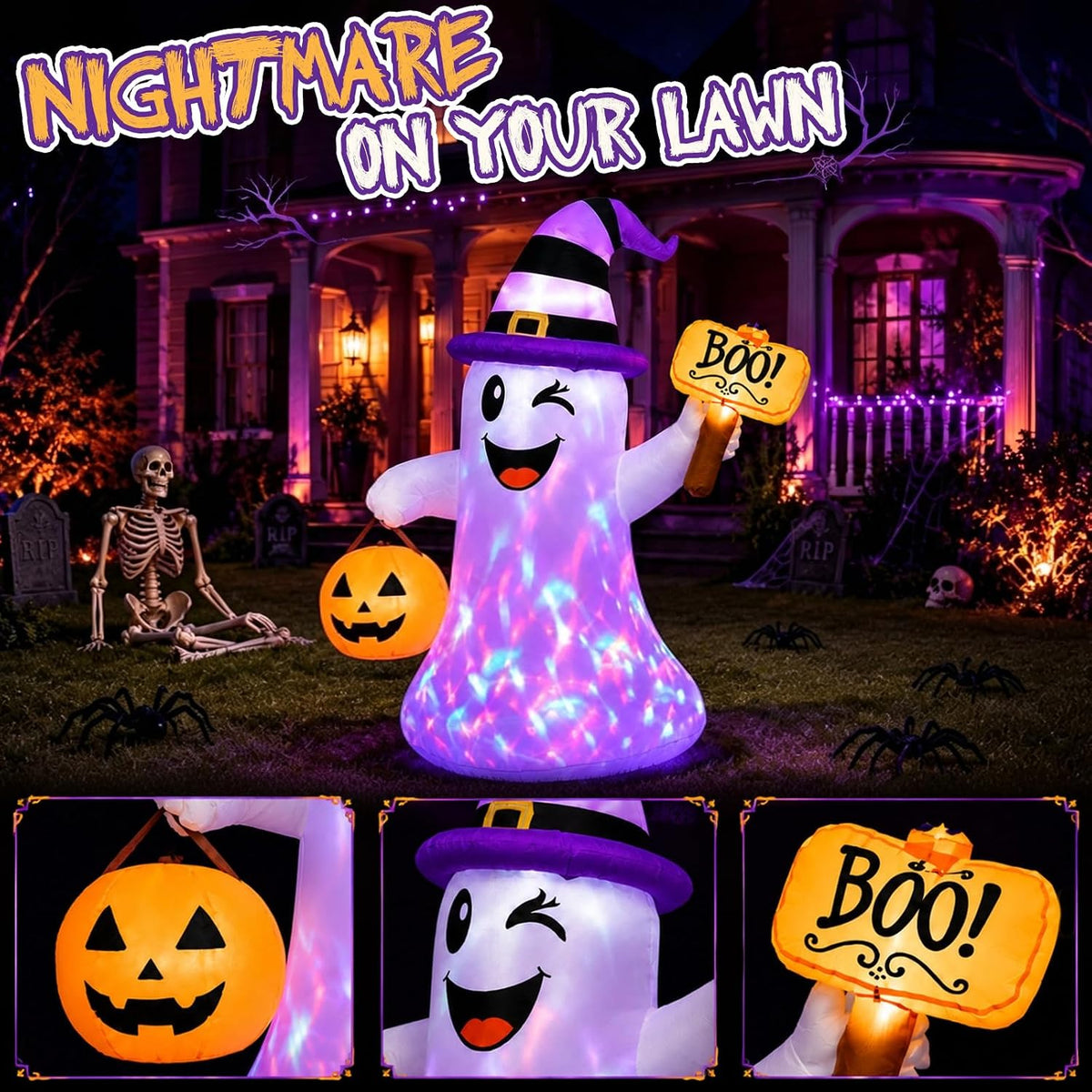 4.5 ft halloween inflatables ghost with pumpkin boo showing dimensions
