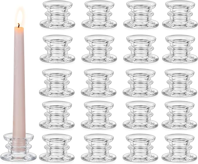 Glasseam Glass Tapered Candlestick Holders: 20Pcs Clear Taper Candle Holders Bulk Modern Small Candle Stick Candle Holder Short for Table Centerpiece Wedding Christmas Dinner Party Decor