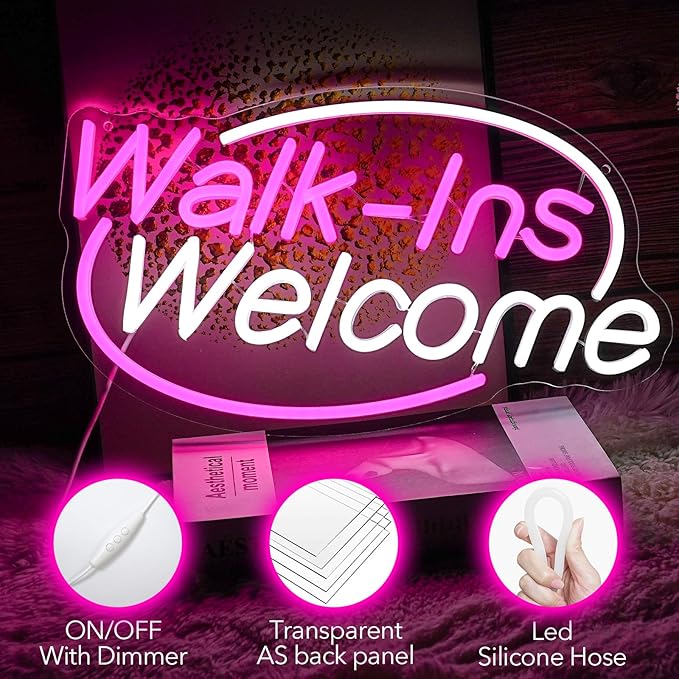 Walk-Ins Welcome Neon Sign, Neon Sign For Wall Decor, Pink + White Led Signs Usb Powered, Living Game Room Decor, For Bedroom Restaurant Bar Hotel Shop Party Birthday(16.5x9.4in)