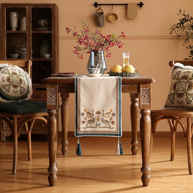 patdrea Designer Beige Farmhouse Geometric Patterned Linen Table Runner 102 Inch Long,Wrinkle Resistant Table Mat,Decoration for Kitchen Dining and Coffee Tables Banquet Christmas ,12"x102"