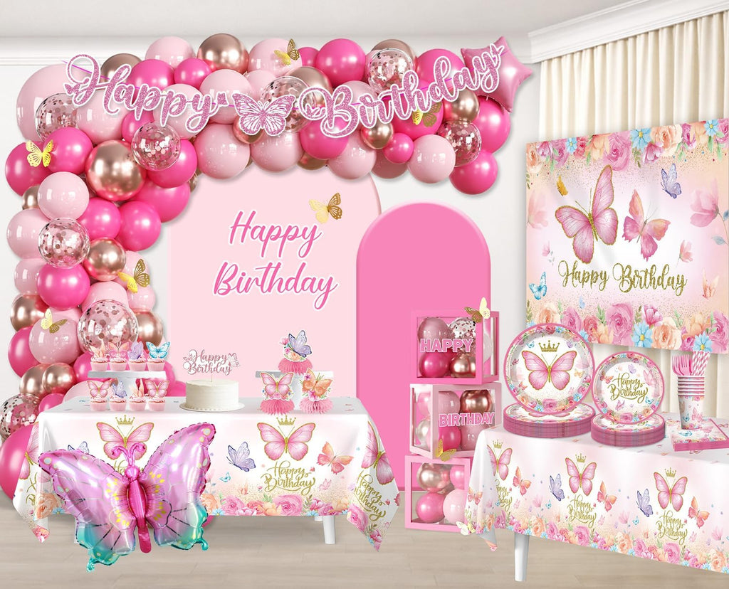 Pink Butterfly Birthday Decorations, All-in-One Set for 25 Guests
