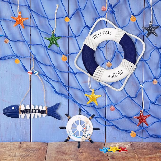 Marsui 11 Pcs Wooden Nautical Wall Decor Fishing Net Decorations, Include Decorative Fishing Net, Ship Wheel, Fish Skeleton, Life Ring, Anchor, Starfish Beach Decor for Mediterranean Party (Blue)