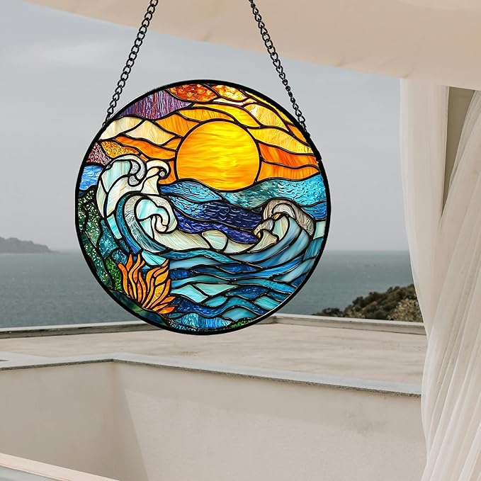 Stained Glass Window Hanging, Orange Sun Blue Sea Waves Landscape Suncatcher for Doors Window Home Sun Catchers Decor Mother's Day Birthday Gifts for Women, Men Mom 11.8 in